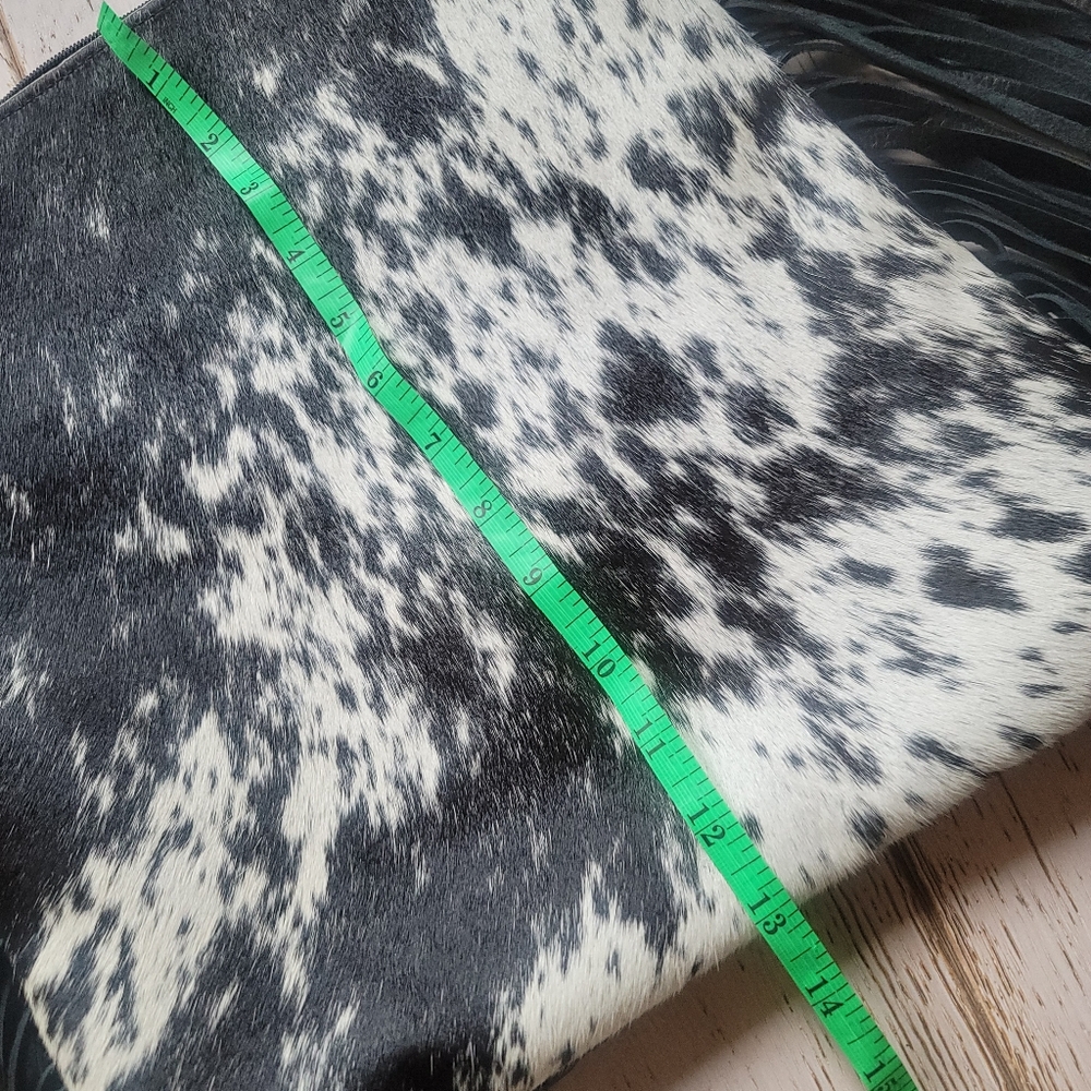Calf Hair On Hide Hsndcrafted Leather XL Fringe Bag Embossed Aztec Western Vibes - Picture 7 of 9